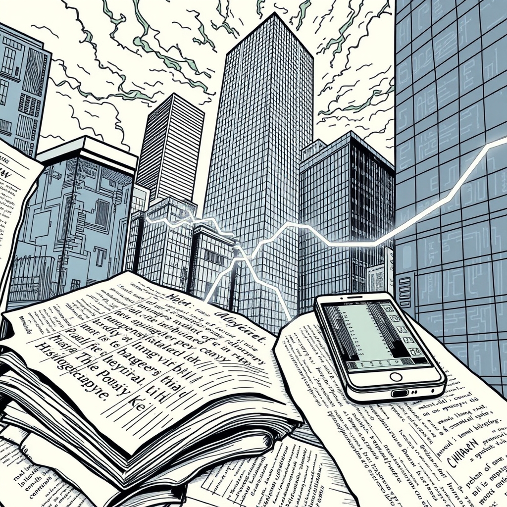 Archive ledger pages overlaid with digital data streams flowing toward glass corporate towers